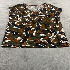 L.L. Bean Signature T-Shirt Women M Multi Camo Abstract V-Neck Slub Knit Top